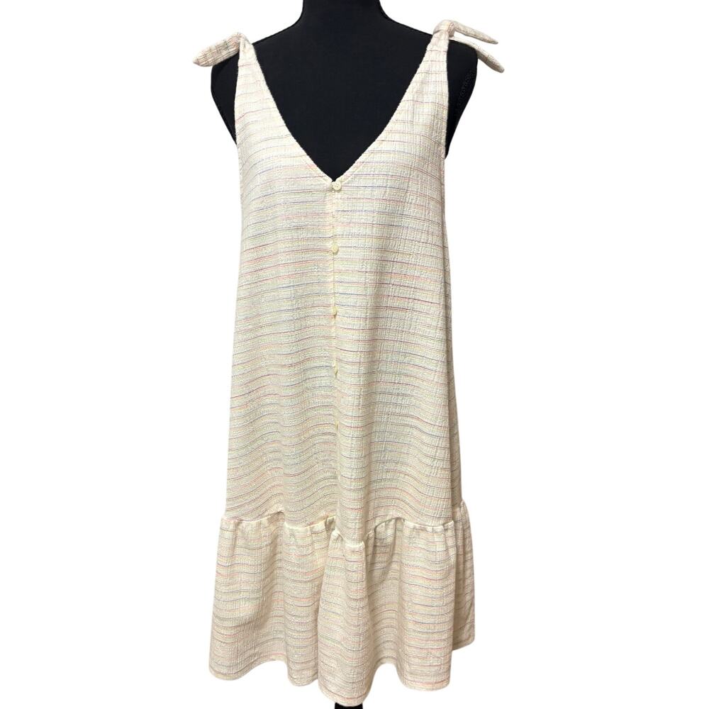 LOFT Tie Shoulder Dress M Ivory Pastel Stripe Textured Knit Ruffle Hem